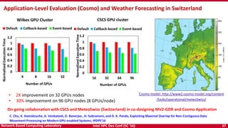 Intel HPC Dev Conf (SC ‘16) 37Network Based Computing Laboratory
Application-Level Evaluation (Cosmo) and Weather Forecasting in Switzerland
0
0.2
0.4
0.6
0.8
1
1.2
16 32 64 96NormalizedExecutionTime
Number of GPUs
CSCS GPU cluster
Default Callback-based Event-based
0
0.2
0.4
0.6
0.8
1
1.2
4 8 16 32
NormalizedExecutionTime
Number of GPUs
Wilkes GPU Cluster
Default Callback-based Event-based
• 2X improvement on 32 GPUs nodes
• 30% improvement on 96 GPU nodes (8 GPUs/node)
C. Chu, K. Hamidouche, A. Venkatesh, D. Banerjee , H. Subramoni, and D. K. Panda, Exploiting Maximal Overlap for Non-Contiguous Data
Movement Processing on Modern GPU-enabled Systems, IPDPS’16
On-going collaboration with CSCS and MeteoSwiss (Switzerland) in co-designing MV2-GDR and Cosmo Application
Cosmo model: http://www2.cosmo-model.org/content
/tasks/operational/meteoSwiss/
 