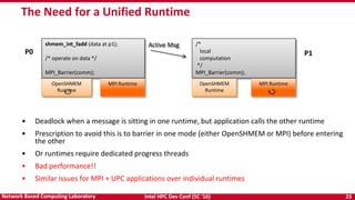 Intel HPC Dev Conf (SC ‘16) 23Network Based Computing Laboratory
The Need for a Unified Runtime
• Deadlock when a message is sitting in one runtime, but application calls the other runtime
• Prescription to avoid this is to barrier in one mode (either OpenSHMEM or MPI) before entering
the other
• Or runtimes require dedicated progress threads
• Bad performance!!
• Similar issues for MPI + UPC applications over individual runtimes
shmem_int_fadd (data at p1);
/* operate on data */
MPI_Barrier(comm);
/*
local
computation
*/
MPI_Barrier(comm);
P0 P1
OpenSHMEM
Runtime
MPI Runtime OpenSHMEM
Runtime
MPI Runtime
Active Msg
 