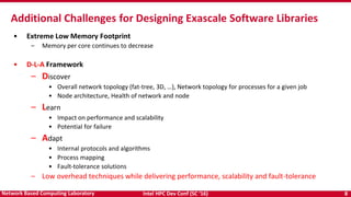 Intel HPC Dev Conf (SC ‘16) 8Network Based Computing Laboratory
• Extreme Low Memory Footprint
– Memory per core continues to decrease
• D-L-A Framework
– Discover
• Overall network topology (fat-tree, 3D, …), Network topology for processes for a given job
• Node architecture, Health of network and node
– Learn
• Impact on performance and scalability
• Potential for failure
– Adapt
• Internal protocols and algorithms
• Process mapping
• Fault-tolerance solutions
– Low overhead techniques while delivering performance, scalability and fault-tolerance
Additional Challenges for Designing Exascale Software Libraries
 