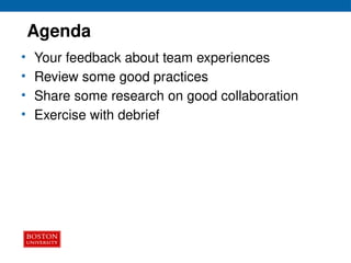 Agenda
• Your feedback about team experiences
• Review some good practices
• Share some research on good collaboration
• Exercise with debrief
 
