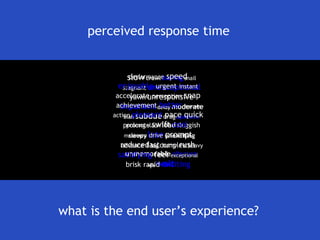 slow   crawl   boring   snail   stagnant   unexceptional   yawn   unresponsive   impatient   delay   moderate   blah   subdue   drag   apathetic   prolong   slack   load   sluggish   sleepy   late   unexciting   reduced   lag   complex  heavy   unmemorable   obscure   why  wait   perceived response time what is the end user’s experience? performance  speed  enjoyable  urgent   instant   accelerate   perception  snap  achievement  better   improve   action  pleasant  pace quick  promote   swift   cool   maximum   drive   prompt  advance  fast  hurry   rush   satisfying  feel  exceptional   brisk   rapid  exciting 