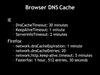 Browser DNS Cache IE DnsCacheTimeout: 30 minutes KeepAliveTimeout: 1 minute ServerInfoTimeout: 2 minutes Firefox network.dnsCacheExpiration: 1 minute network.dnsCacheEntries: 20 network.http.keep-alive.timeout: 5 minutes Fasterfox: 1 hour, 512 entries, 30 seconds 