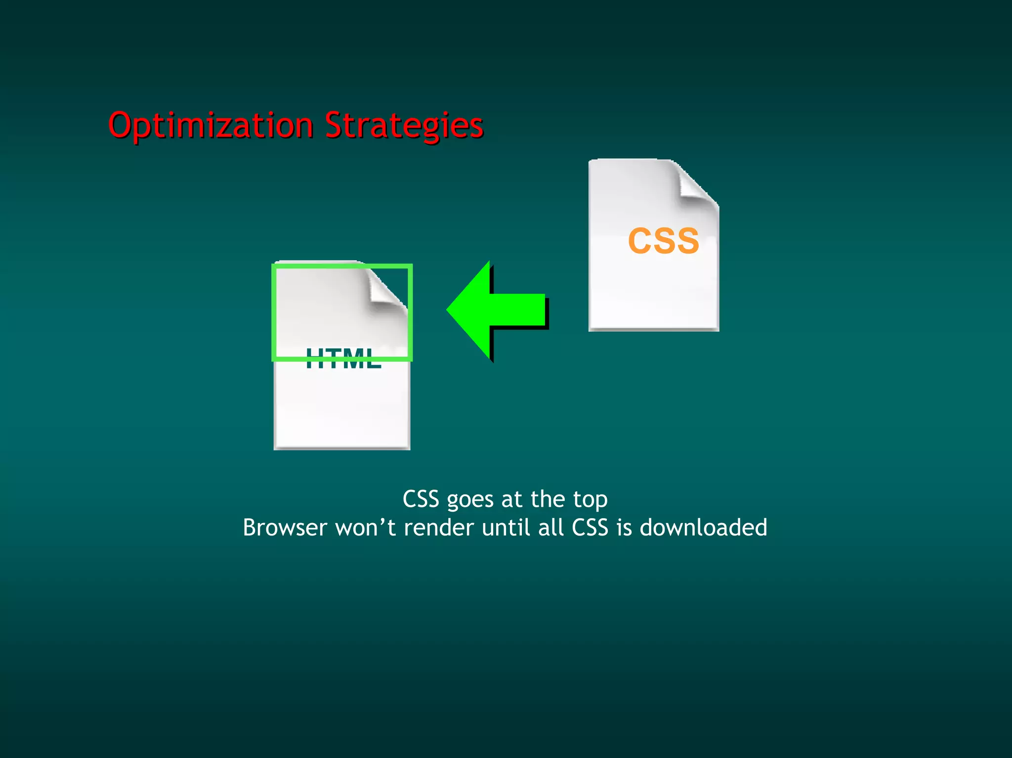 Optimization Strategies


                                           CSS


             HTML




                      CSS goes at the top
        Browser won’t render until all CSS is downloaded
 