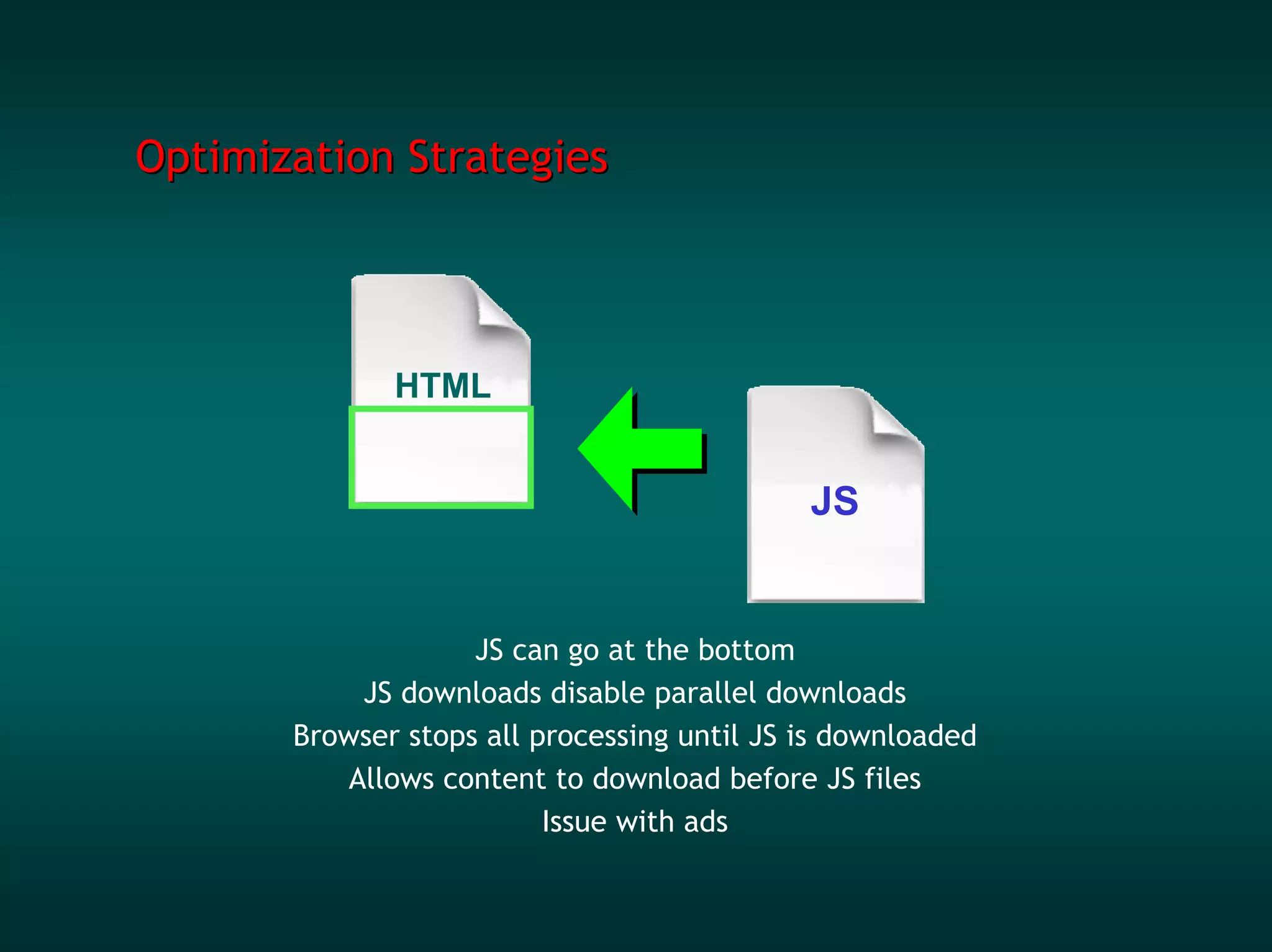 Optimization Strategies




              HTML


                                             JS


                    JS can go at the bottom
           JS downloads disable parallel downloads
       Browser stops all processing until JS is downloaded
          Allows content to download before JS files
                          Issue with ads
 