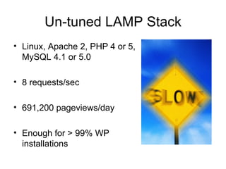 Un-tuned LAMP Stack <ul><li>Linux, Apache 2, PHP 4 or 5, MySQL 4.1 or 5.0 </li></ul><ul><li>8 requests/sec </li></ul><ul><...