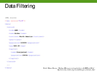 Data Filtering
(XML source)
<?xml version="1.0"?>
<data>
  <record>
    <code>ABW</code>
    <name>Aruba</name>
    <continent>North America</continent>
    <year></year>
    <population>103000</population>
    <gnp>828.00</gnp>
    <capital>
        <name>Oranjestad</name>
        <population>29034</population>
    </capital>
  </record>
  ...
</data>                                  Cre dit: Vikram Vaswani, " Building XQue ry-po we re d applicatio ns with PHP and Zo rba"
                                                                 http: //www. ibm. co m/de ve lo pe rwo rks/library/x-zo rba/inde x. html
 
