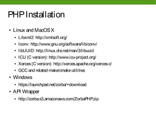 PHP Installation
●   Linux and MacOS X
    ●   Libxml2: http://xmlsoft.org/
    ●   Iconv: http://www.gnu.org/software/libiconv/
    ●   libUUID: http://linux.die.net/man/3/libuuid
    ●   ICU (C version): http://www.icu-project.org/
    ●   Xerces (C version): http://xerces.apache.org/xerces-c/
    ●   GCC and related make/cmake utilities
●   Windows
    ●   https://launchpad.net/zorba/+download
●   API Wrapper
    ●   http://zorba.s3.amazonaws.com/ZorbaPHP.zip
 