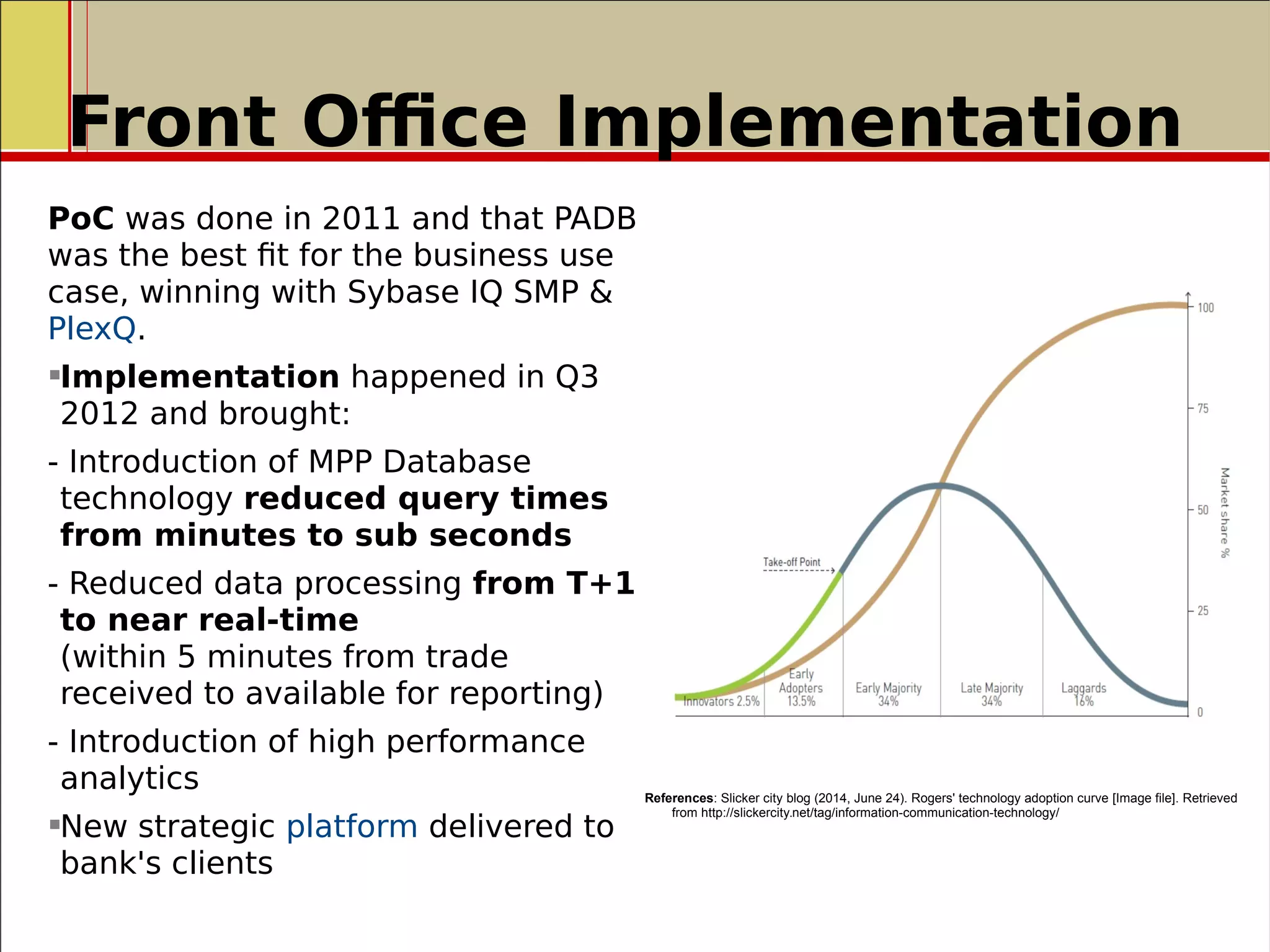 Front Office Implementation
PoC was done in 2011 and that PADB
was the best fit for the business use
case, winning with Sybase IQ SMP &
PlexQ.
Implementation happened in Q3
2012 and brought:
- Introduction of MPP Database
technology reduced query times
from minutes to sub seconds
- Reduced data processing from T+1
to near real-time
(within 5 minutes from trade
received to available for reporting)
- Introduction of high performance
analytics
New strategic platform delivered to
bank's clients
References: Slicker city blog (2014, June 24). Rogers' technology adoption curve [Image file]. Retrieved
from http://slickercity.net/tag/information-communication-technology/
 