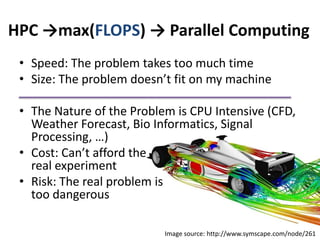 HPC ->max(FLOPS) -> Parallel ComputingSpeed: The problem takes too much timeSize: The problem doesn’t fit on my machineThe Nature of the Problem is CPU Intensive (CFD, Weather Forecast, Bio Informatics, Signal Processing, …)Cost: Can’t afford the                                              real experiment Risk: The real problem is                                        too dangerous Image source: http://www.symscape.com/node/261