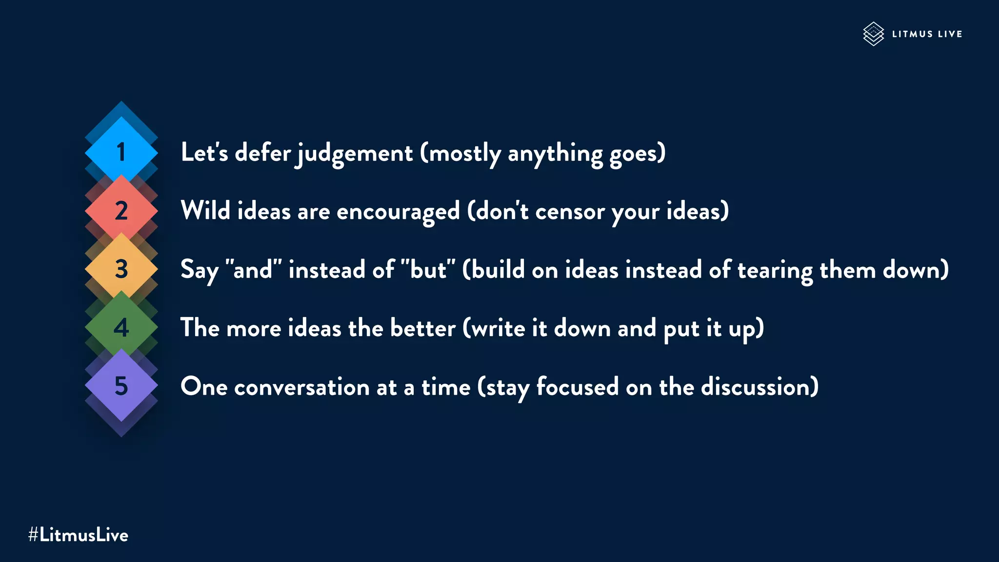 Let's defer judgement (mostly anything goes)
Wild ideas are encouraged (don't censor your ideas)
Say "and" instead of "but" (build on ideas instead of tearing them down)
The more ideas the better (write it down and put it up)
One conversation at a time (stay focused on the discussion)
1
2
3
4
5
#LitmusLive
 