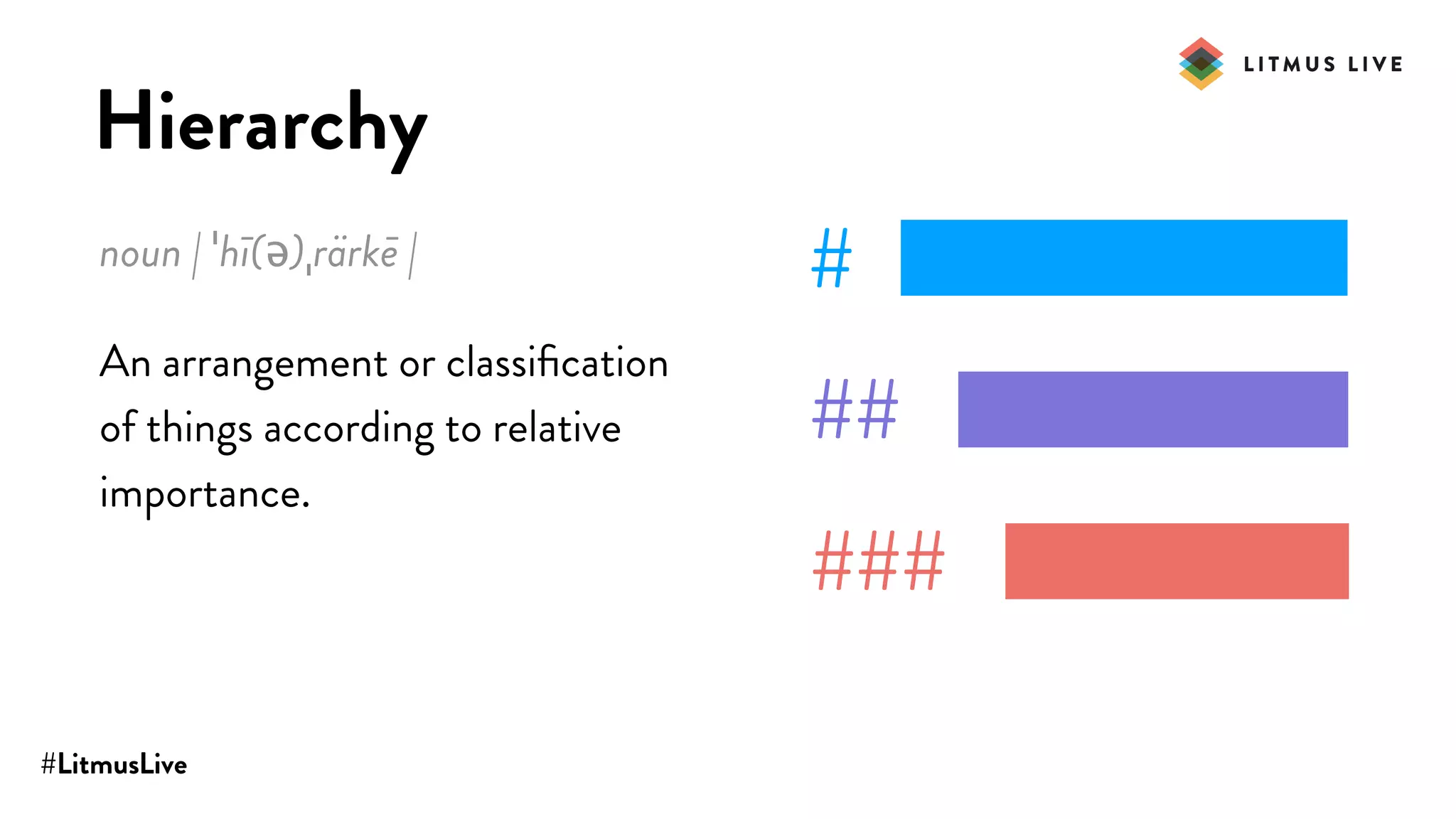 #LitmusLive
Hierarchy
noun | ˈhī(ə)ˌrärkē |
An arrangement or classiﬁcation
of things according to relative
importance.
#
##
###
 