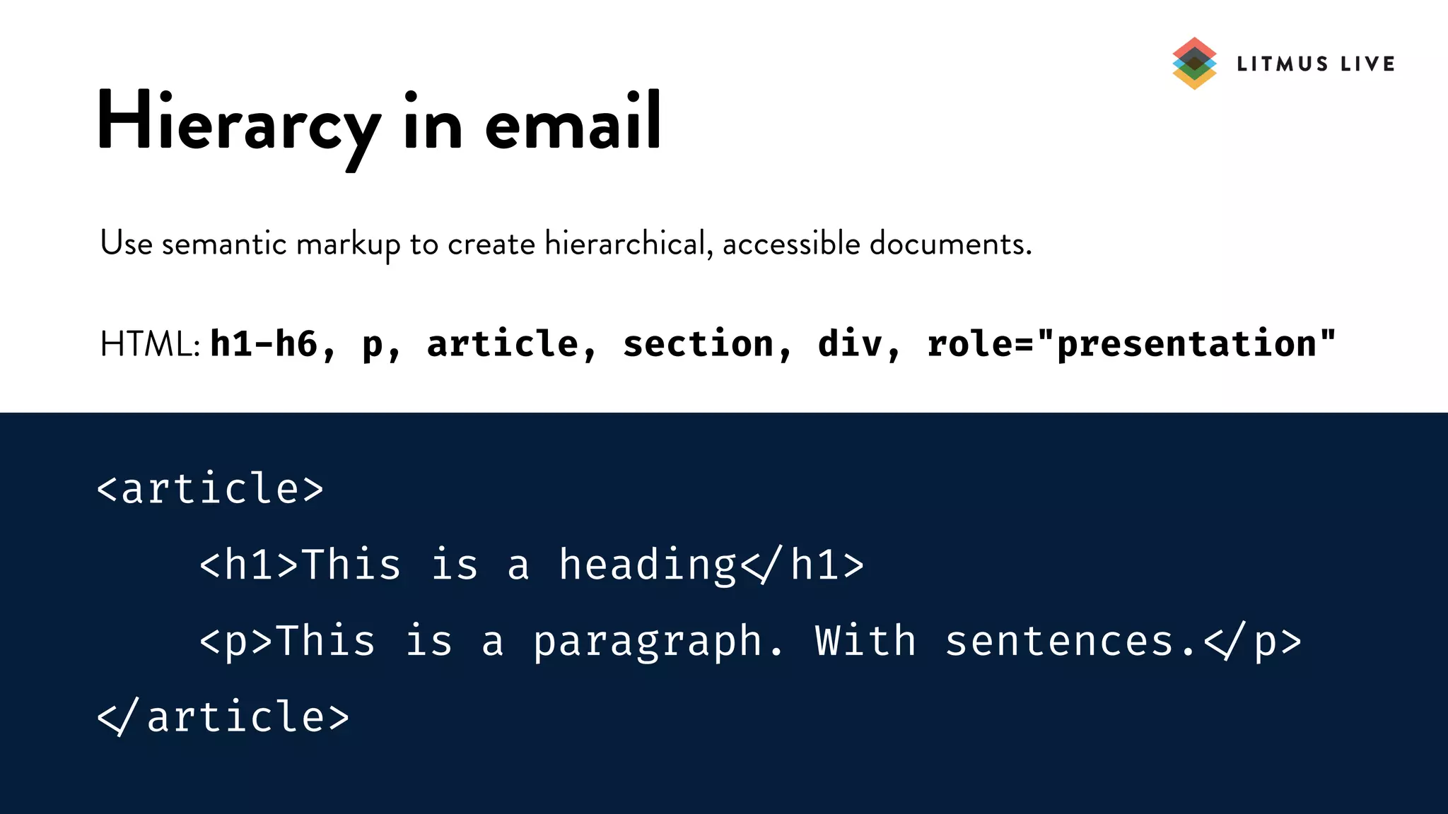 #LitmusLive
Hierarcy in email
Use semantic markup to create hierarchical, accessible documents.
HTML: h1-h6, p, article, section, div, role="presentation"
<article>
<h1>This is a heading
</h1>
<p>This is a paragraph. With sentences.
</p>

</article>
 