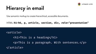 #LitmusLive
Hierarcy in email
Use semantic markup to create hierarchical, accessible documents.
HTML: h1-h6, p, article, section, div, role="presentation"
<article>
<h1>This is a heading
</h1>
<p>This is a paragraph. With sentences.
</p>

</article>
 
