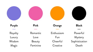Purple
─
Royalty
Luxury
Wisdom
Magic
Pink
─
Romantic
Love
Beauty
Feminine
Orange
─
Enthusiasm
Fun
Cheerful
Creative
Black
─
Powerful
Mystery
Sophistication
Death
 