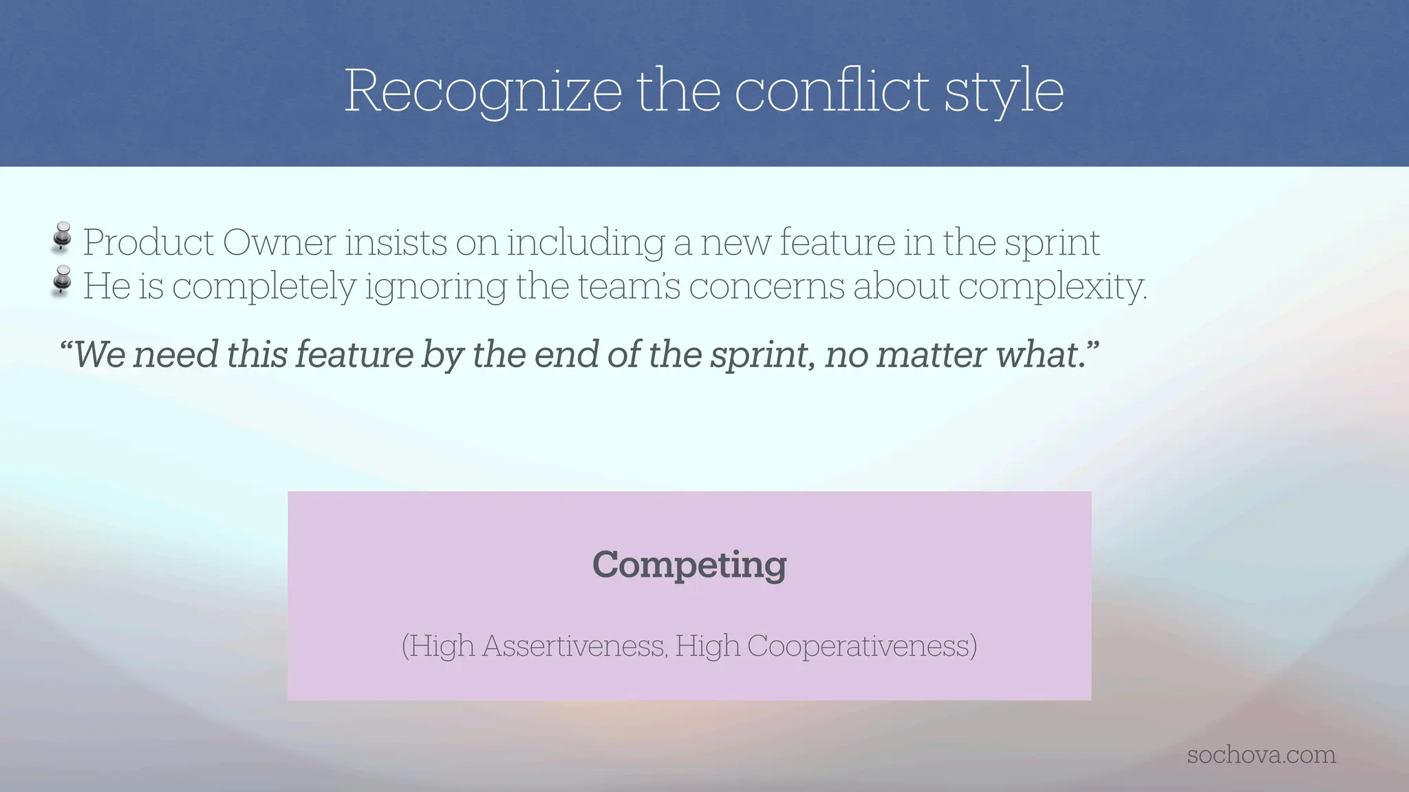 “We need this feature by the end of the sprint, no matter what.”
Product Owner insists on including a new feature in the sprint
He is completely ignoring the team’s concerns about complexity.
Competing
(High Assertiveness, High Cooperativeness)
Recognize the con
fl
ict style
sochova.com
 