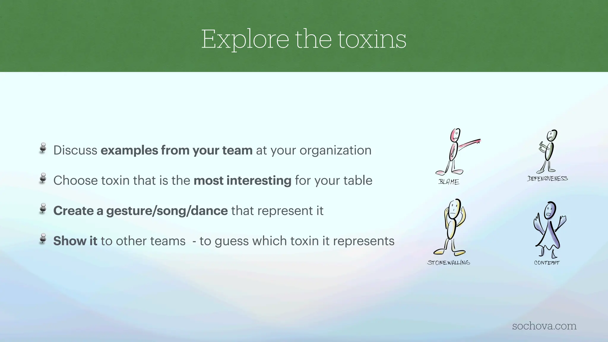 Explore the toxins
sochova.com
Discuss examples from your team at your organization
Choose toxin that is the most interesting for your table
Create a gesture/song/dance that represent it
Show it to other teams - to guess which toxin it represents
 