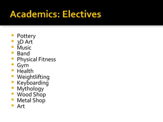 Pottery 3D Art Music Band Physical Fitness Gym Health Weightlifting Keyboarding Mythology Wood Shop Metal Shop Art 