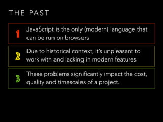 T H E PA S T
1
2
3
JavaScript is the only (modern) language that
can be run on browsers
Due to historical context, it’s unpleasant to
work with and lacking in modern features
These problems significantly impact the cost,
quality and timescales of a project.
 
