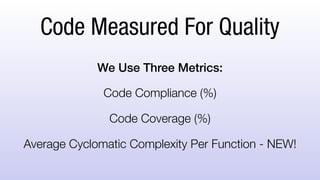 Code Measured For Quality
We Use Three Metrics:
Code Compliance (%)
Code Coverage (%)
Average Cyclomatic Complexity Per Function - NEW!
 