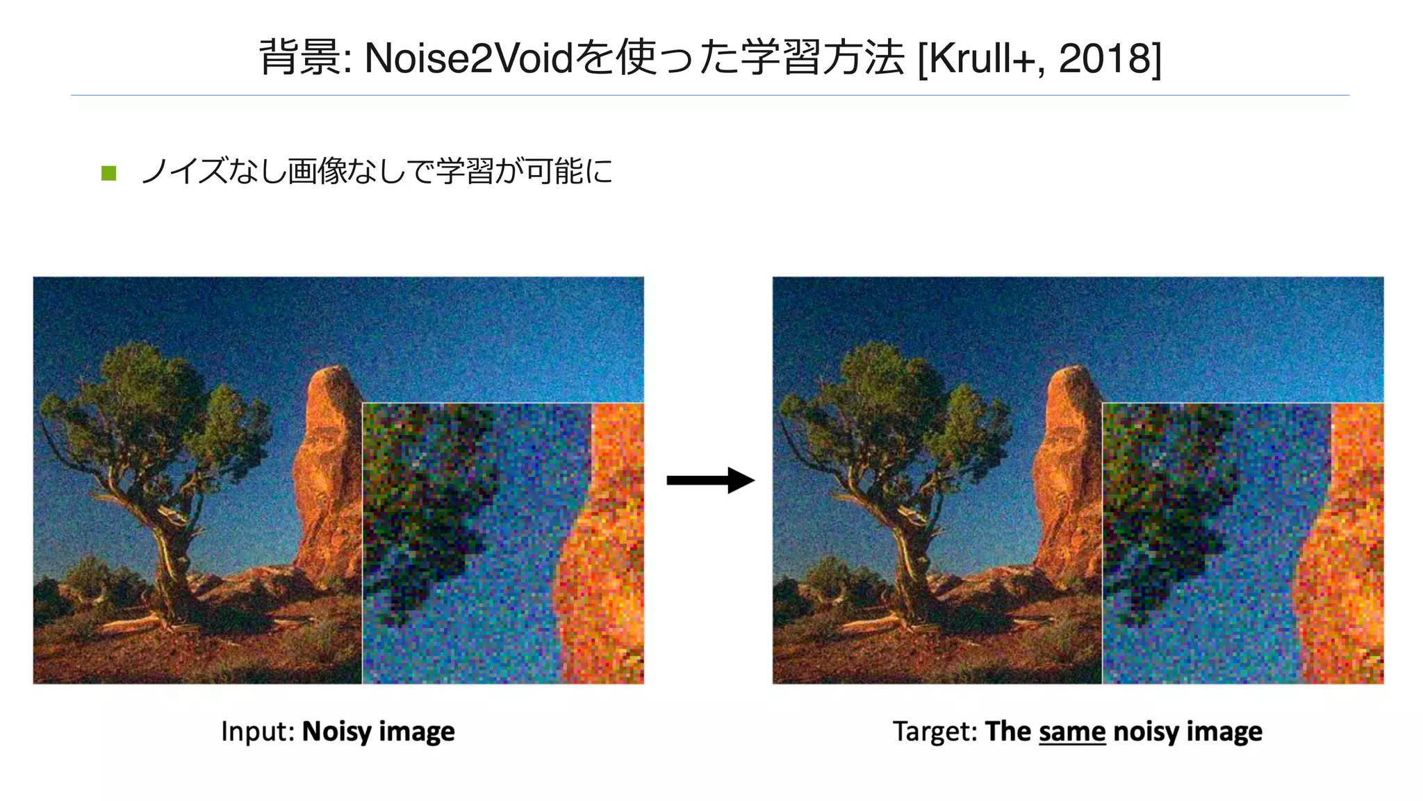 背景: Noise2Voidを使った学習⽅法 [Krull+, 2018]
n ノイズなし画像なしで学習が可能に
 