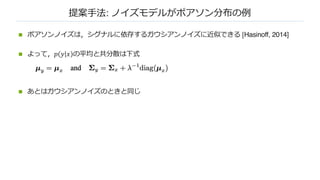 提案⼿法: ノイズモデルがポアソン分布の例
n ポアソンノイズは，シグナルに依存するガウシアンノイズに近似できる [Hasinoff, 2014]
n よって，𝑝 𝑦 𝑥 の平均と共分散は下式
n あとはガウシアンノイズのときと同じ
 