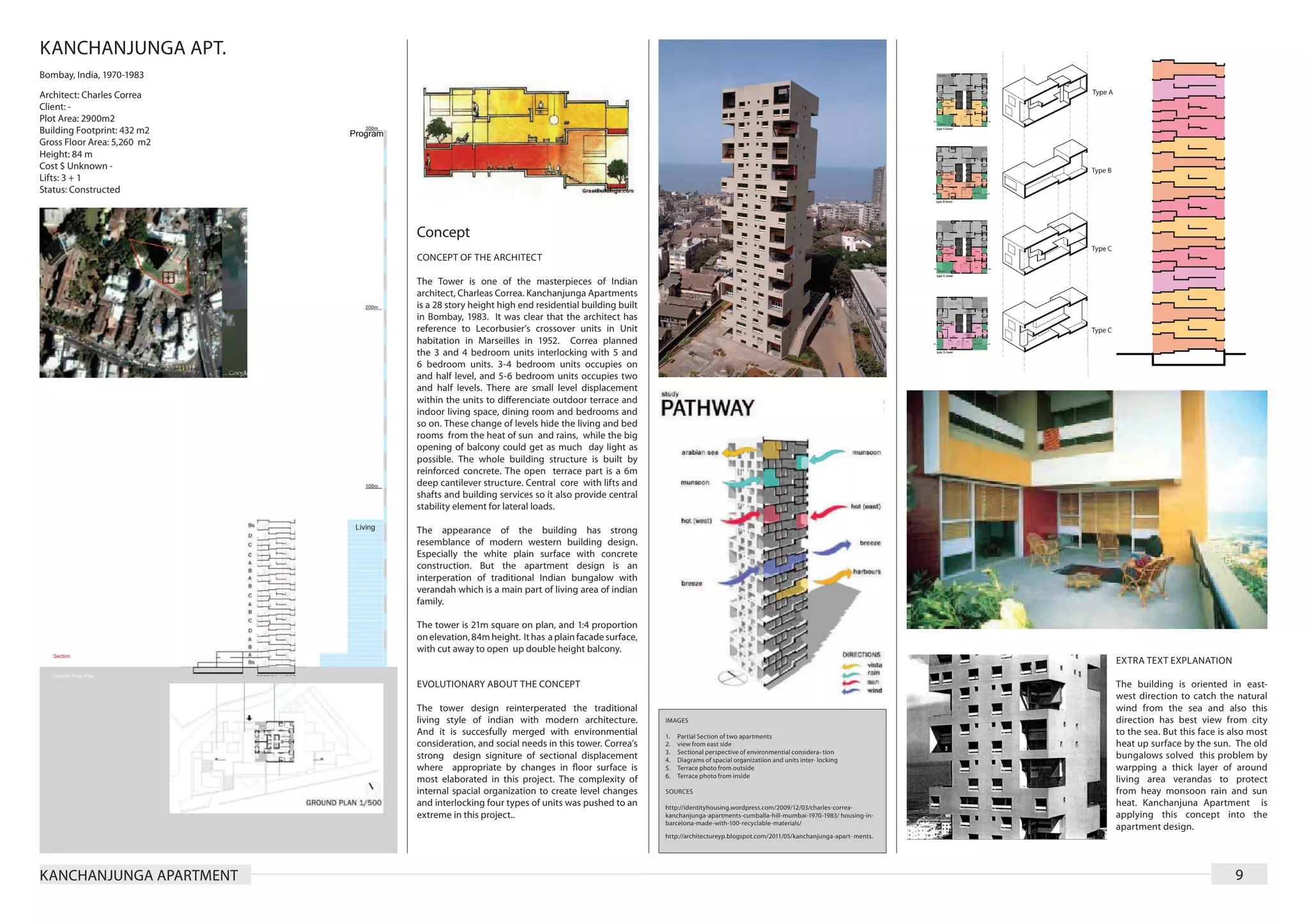 KANCHANJUNGA APT.
Bombay, India, 1970-1983

Architect: Charles Correa
Client: -
Plot Area: 2900m2
Building Footprint: 432 m2
Gross Floor Area: 5,260 m2
Height: 84 m
Cost $ Unknown -
Lifts: 3 + 1
Status: Constructed



                             Concept
                             CONCEPT OF THE ARCHITECT

                             The Tower is one of the masterpieces of Indian
                             architect, Charleas Correa. Kanchanjunga Apartments
                             is a 28 story height high end residential building built
                             in Bombay, 1983. It was clear that the architect has
                             reference to Lecorbusier’s crossover units in Unit
                             habitation in Marseilles in 1952. Correa planned
                             the 3 and 4 bedroom units interlocking with 5 and
                             6 bedroom units. 3-4 bedroom units occupies on
                             and half level, and 5-6 bedroom units occupies two
                             and half levels. There are small level displacement
                             within the units to differenciate outdoor terrace and
                             indoor living space, dining room and bedrooms and
                             so on. These change of levels hide the living and bed
                             rooms from the heat of sun and rains, while the big
                             opening of balcony could get as much day light as
                             possible. The whole building structure is built by
                             reinforced concrete. The open terrace part is a 6m
                             deep cantilever structure. Central core with lifts and
                             shafts and building services so it also provide central
                             stability element for lateral loads.

                             The appearance of the building has strong
                             resemblance of modern western building design.
                             Especially the white plain surface with concrete
                             construction. But the apartment design is an
                             interperation of traditional Indian bungalow with
                             verandah which is a main part of living area of indian
                             family.

                             The tower is 21m square on plan, and 1:4 proportion
                             on elevation, 84m height. It has a plain facade surface,
                             with cut away to open up double height balcony.
                                                                                                                                                                EXTRA TEXT EXPLANATION

                             EVOLUTIONARY ABOUT THE CONCEPT                                                                                                     The building is oriented in east-
                                                                                                                                                                west direction to catch the natural
                             The tower design reinterperated the traditional                                                                                    wind from the sea and also this
                             living style of indian with modern architecture.           IMAGES                                                                  direction has best view from city
                             And it is succesfully merged with environmential           1.	   Partial Section of two apartments
                                                                                                                                                                to the sea. But this face is also most
                             consideration, and social needs in this tower. Correa’s    2.	   view from east side                                               heat up surface by the sun. The old
                                                                                        3.	   Sectional perspective of environmential considera- tion
                             strong design signiture of sectional displacement          4.	   Diagrams of spacial organizatiion and units inter- locking
                                                                                                                                                                bungalows solved this problem by
                             where appropriate by changes in ﬂoor surface is            5.	   Terrace photo from outside                                        warpping a thick layer of around
                                                                                        6.	   Terrace photo from inside
                             most elaborated in this project. The complexity of                                                                                 living area verandas to protect
                             internal spacial organization to create level changes      SOURCES                                                                 from heay monsoon rain and sun
                             and interlocking four types of units was pushed to an      http://identityhousing.wordpress.com/2009/12/03/charles-correa-
                                                                                                                                                                heat. Kanchanjuna Apartment is
                             extreme in this project..                                  kanchanjunga-apartments-cumballa-hill-mumbai-1970-1983/ housing-in-     applying this concept into the
                                                                                        barcelona-made-with-100-recyclable-materials/
                                                                                                                                                                apartment design.
                                                                                        http://architectureyp.blogspot.com/2011/05/kanchanjunga-apart- ments.




KANCHANJUNGA APARTMENT                                                                                                                                                                       9
 