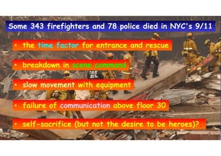 • the time factor for entrance and rescue• the time factor for entrance and rescue
• breakdown in scene command• breakdown in scene command
• slow movement with equipment• slow movement with equipment
• failure of communication above floor 30• failure of communication above floor 30
• self-sacrifice (but not the desire to be heroes)?.• self-sacrifice (but not the desire to be heroes)?.
Some 343 firefighters and 78 police died in NYC's 9/11Some 343 firefighters and 78 police died in NYC's 9/11
 
