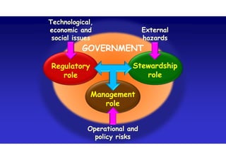 External
hazards
External
hazards
Technological,
economic and
social issues
Technological,
economic and
social issues
Operational and
policy risks
Operational and
policy risks
Stewardship
role
Regulatory
role
Management
role
GOVERNMENTGOVERNMENT
 