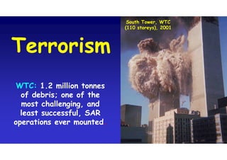 South Tower, WTC
(110 storeys), 2001
TerrorismTerrorism
WTC: 1.2 million tonnes
of debris; one of the
most challenging, and
least successful, SAR
operations ever mounted.
WTC: 1.2 million tonnes
of debris; one of the
most challenging, and
least successful, SAR
operations ever mounted.
 