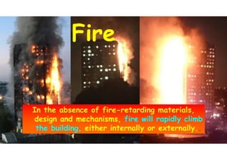 In the absence of fire-retarding materials,
design and mechanisms, fire will rapidly climb
the building, either internally or externally..
In the absence of fire-retarding materials,
design and mechanisms, fire will rapidly climb
the building, either internally or externally..
FireFire
 