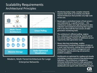 8 
Scalability Requirements 
Architectural Principles 
Multi-Tiered 
Architecture 
Linear Polling 
Massive Storage 
Scale-Optimized 
Visualization 
HTTP 8581 
TCP 5433 
TCP 61616 
HTTP 8181 
Data Aggregator (DA) 
CA Performance Center 
Data Collectors (DC) 
... ... 
Client 
Data Aggregator Repository 
• Monitoring today’s large, complex networks 
requires tools built on an entirely new Multi- 
Tiered Architecture that provides very high scale 
at low cost. 
• Based upon a centralized cluster of host servers – 
each dedicated to a specific function – this 
architecture enables very high performance data 
collection and analytical processing that requires 
half or less than half the host servers of older-generation 
monitoring tools. 
• The architecture’s efficient polling engines 
(i.e., collectors) scale monitoring linearly and at 
low cost by adding a fraction of additional servers 
required by older-generation tools. 
• Newer data base technology enables 
warehousing of hundreds of terabytes of data on 
a small host foot-print, making them available for 
deep analytics for incident management and 
trending for capacity planning and proactive 
problem avoidance. 
• Dashboards are optimized for reading and visually 
correlating a massive amount of key performance 
indicators. The architecture is designed to 
eliminate bottlenecks found in older-generation 
monitoring tools to ensure instant population of 
dashboards and reports with metrics and analysis. 
Modern, Multi-Tiered Architecture for Large 
Enterprise Networks 
 
