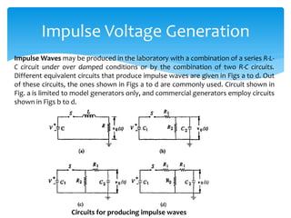 Impulse Voltage Generation
Impulse Waves may be produced in the laboratory with a combination of a series R-L-
C circuit under over damped conditions or by the combination of two R-C circuits.
Different equivalent circuits that produce impulse waves are given in Figs a to d. Out
of these circuits, the ones shown in Figs a to d are commonly used. Circuit shown in
Fig. a is limited to model generators only, and commercial generators employ circuits
shown in Figs b to d.
Circuits for producing impulse waves
 