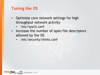 Tuning the OS

• Optimize core network settings for high
  throughput network activity
  •   /etc/sysctl.conf
• Increase the number of open file descriptors
  allowed by the OS
  •   /etc/security/limits.conf
 