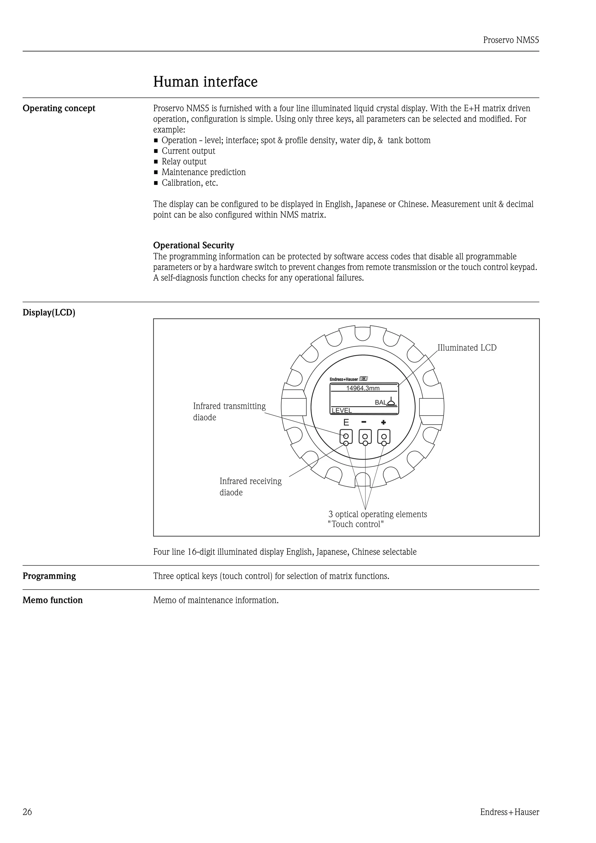Proservo NMS5
26 Endress+Hauser
Human interface
Operating concept Proservo NMS5 is furnished with a four line illuminated liquid crystal display. With the E+H matrix driven
operation, configuration is simple. Using only three keys, all parameters can be selected and modified. For
example:
• Operation - level; interface; spot & profile density, water dip, & tank bottom
• Current output
• Relay output
• Maintenance prediction
• Calibration, etc.
The display can be configured to be displayed in English, Japanese or Chinese. Measurement unit & decimal
point can be also configured within NMS matrix.
Operational Security
The programming information can be protected by software access codes that disable all programmable
parameters or by a hardware switch to prevent changes from remote transmission or the touch control keypad.
A self-diagnosis function checks for any operational failures.
Display(LCD)
Four line 16-digit illuminated display English, Japanese, Chinese selectable
Programming Three optical keys (touch control) for selection of matrix functions.
Memo function Memo of maintenance information.
3 optical operating elements
" "
Infrared transmitting
diaode
Infrared receiving
diaode
IIluminated LCD
Touch control
 