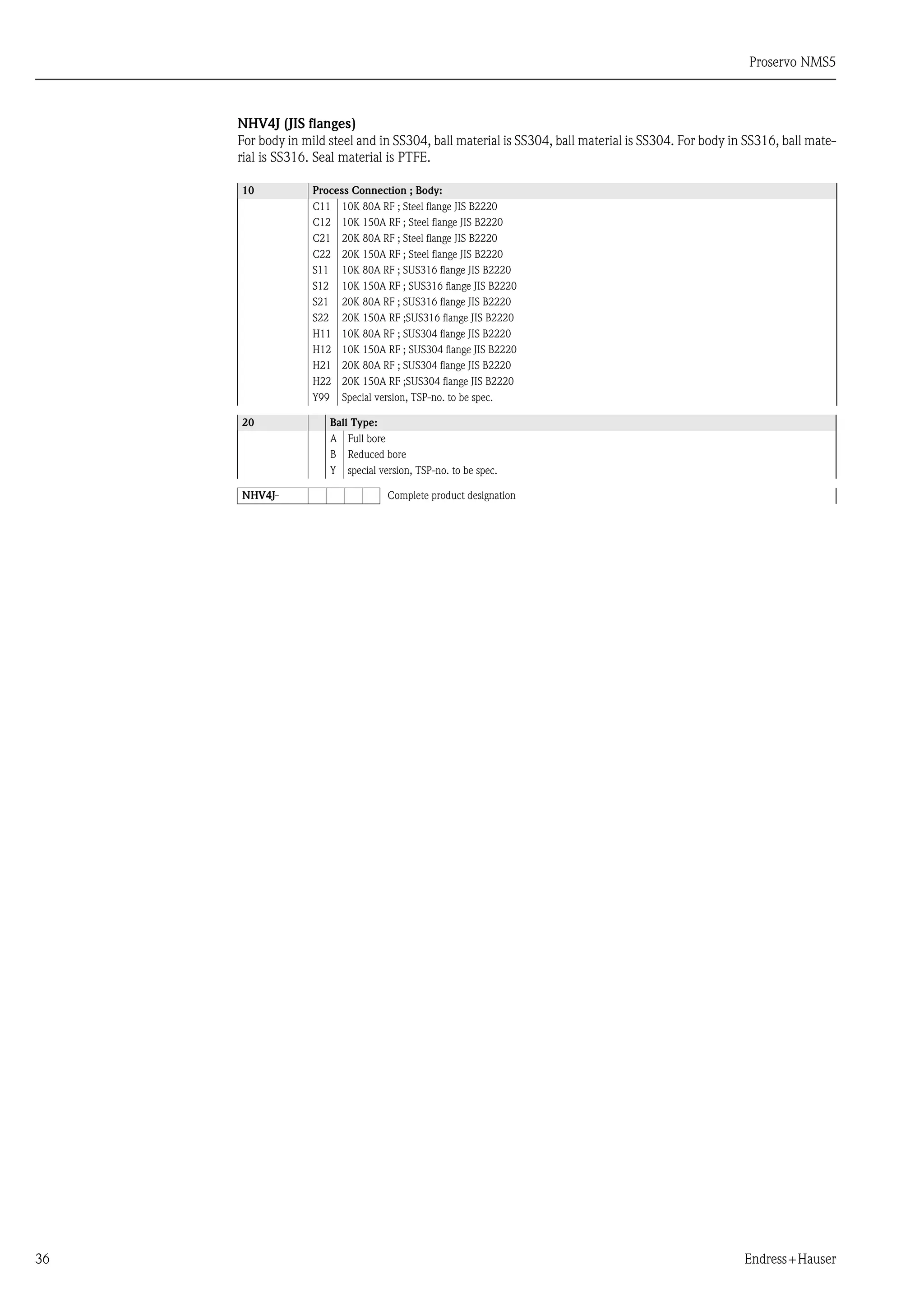 Proservo NMS5
36 Endress+Hauser
NHV4J (JIS flanges)
For body in mild steel and in SS304, ball material is SS304, ball material is SS304. For body in SS316, ball mate-
rial is SS316. Seal material is PTFE.
10 Process Connection ; Body:
C11 10K 80A RF ; Steel flange JIS B2220
C12 10K 150A RF ; Steel flange JIS B2220
C21 20K 80A RF ; Steel flange JIS B2220
C22 20K 150A RF ; Steel flange JIS B2220
S11 10K 80A RF ; SUS316 flange JIS B2220
S12 10K 150A RF ; SUS316 flange JIS B2220
S21 20K 80A RF ; SUS316 flange JIS B2220
S22 20K 150A RF ;SUS316 flange JIS B2220
H11 10K 80A RF ; SUS304 flange JIS B2220
H12 10K 150A RF ; SUS304 flange JIS B2220
H21 20K 80A RF ; SUS304 flange JIS B2220
H22 20K 150A RF ;SUS304 flange JIS B2220
Y99 Special version, TSP-no. to be spec.
20 Ball Type:
A Full bore
B Reduced bore
Y special version, TSP-no. to be spec.
NHV4J- Complete product designation
 