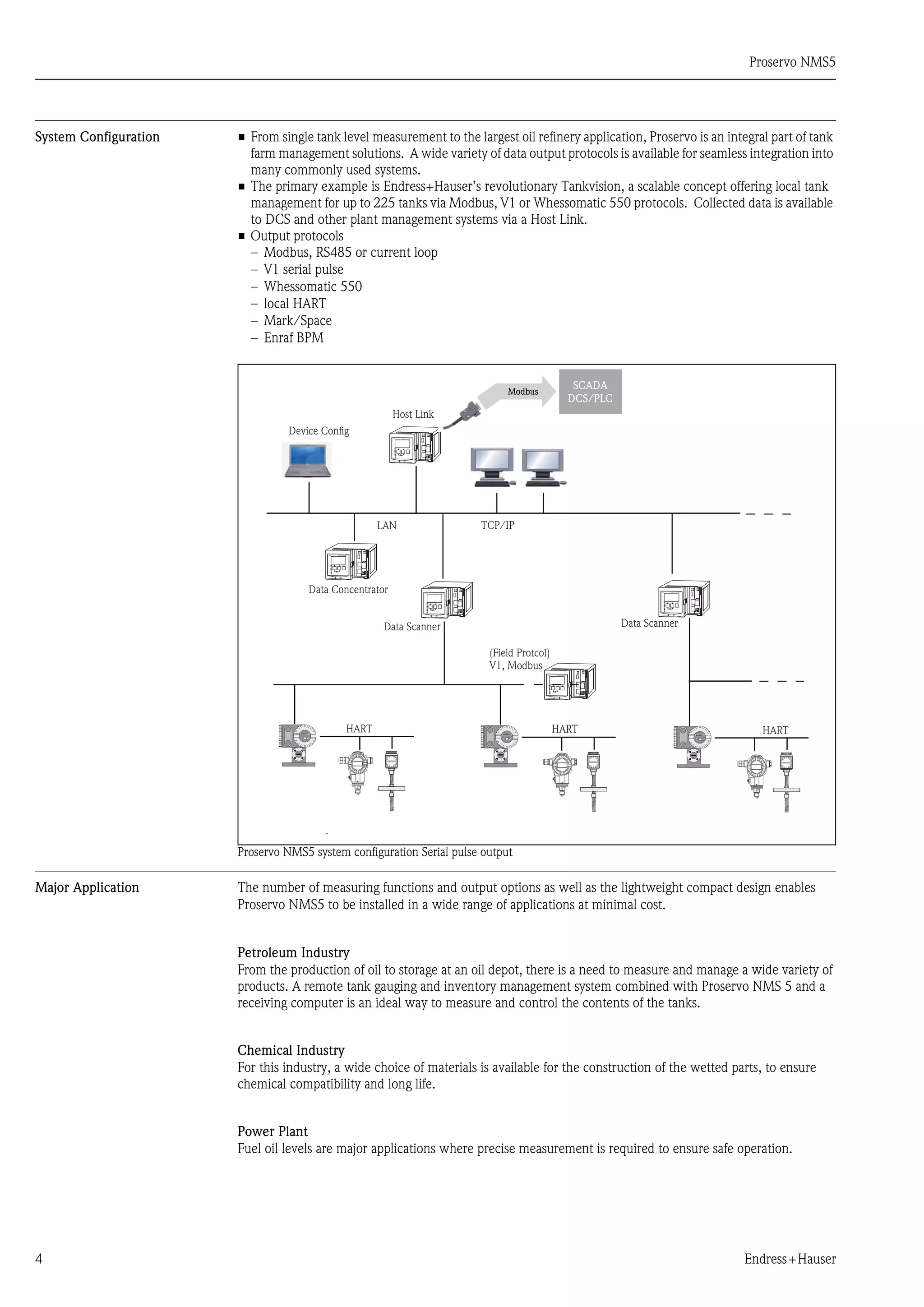 Proservo NMS5
4 Endress+Hauser
System Configuration • From single tank level measurement to the largest oil refinery application, Proservo is an integral part of tank
farm management solutions. A wide variety of data output protocols is available for seamless integration into
many commonly used systems.
• The primary example is Endress+Hauser’s revolutionary Tankvision, a scalable concept offering local tank
management for up to 225 tanks via Modbus, V1 or Whessomatic 550 protocols. Collected data is available
to DCS and other plant management systems via a Host Link.
• Output protocols
– Modbus, RS485 or current loop
– V1 serial pulse
– Whessomatic 550
– local HART
– Mark/Space
– Enraf BPM
Proservo NMS5 system configuration Serial pulse output
Major Application The number of measuring functions and output options as well as the lightweight compact design enables
Proservo NMS5 to be installed in a wide range of applications at minimal cost.
Petroleum Industry
From the production of oil to storage at an oil depot, there is a need to measure and manage a wide variety of
products. A remote tank gauging and inventory management system combined with Proservo NMS 5 and a
receiving computer is an ideal way to measure and control the contents of the tanks.
Chemical Industry
For this industry, a wide choice of materials is available for the construction of the wetted parts, to ensure
chemical compatibility and long life.
Power Plant
Fuel oil levels are major applications where precise measurement is required to ensure safe operation.
HART HART HART
Modbus
SCADA
DCS/PLC
ModbusModbus
SCADA
DCS/PLC
Device Conﬁg
Host Link
LAN TCP/IP
Data Concentrator
Data Scanner
(Field Protcol)
V1, Modbus
Data Scanner
 
