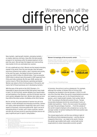 difference
                                                                              Women make all the


                                    in the world

New markets, rapid-growth markets, emerging markets —
no matter what you call them, they offer the best growth                       Women increasingly at the economic center
prospects for businesses after the global downturn of the                      Between 2002 and 2007, women’s income (globally) increased by
past few years. But perhaps the biggest and most exciting                      nearly $4 trillion to $9.8 trillion. By 2017, women’s income will jump
                                                                               by almost $6 trillion to $15.6 trillion.
new market of all is an overlooked one: women.

It’s not a platitude but a fact. Women are the largest emerging
market in the world. Over the next decade, they will wield
                                                                                    2002                  2007                     2017 (projected)
enormous influence over politics, sport, business and society.
In the next five years, the global incomes of women will
                                                                                   US$6t               US$9.8t                    US$15.6t
grow from US$13 trillion to US$18 trillion. That incremental
US$5 trillion is almost twice the growth in GDP expected from
China and India combined. By the year 2028, women will
control close to 75% of discretionary spending worldwide.1
                                                                                Source: Boston Consulting Group.
Women own about a third of all businesses in the world, and
nearly half of those businesses are in developing markets.2

With the eyes of the world on the 2012 Olympics, it is                         In business, the picture is just as unbalanced. For example,
impossible to ignore the great strides that women have made                    although the number of female CEOs of Fortune 500
in sport. For the first time, women athletes from Saudi Arabia                 companies has doubled in the last decade, in 2012 it is still
are participating in the Olympics, and the US Olympic team has                 only 4% of the total. When the world’s industrialized economies
more women delegates than men. Women also make up more                         are viewed as a group, just 11.1% of board directors are
than 40% of the total number of athletes at the 2012 Games.                    women, and in rapid-growth markets, that number falls to
                                                                               7.2%.4 According to the World Economic Forum, “female
But for all that, the great potential of women has yet to be                   [corporate] employees tend to be concentrated in entry or
realized. In both developed and emerging economies, women                      middle level positions — that is, the more senior the position,
are vastly underrepresented in leadership roles and in many                    the lower the percentage of women. … From the sample of
aspects of business, social and political life. Sport can be an                the world’s largest employers who answered our survey, the
energizing factor in society, yet in many countries, women                     average number of women holding the CEO-level position was
and girls do not have access to sporting activities and do not                 a little less than 5%.”5
play a significant part in sports’ ruling bodies.3
                                                                               The missed opportunity is all the more striking in light of
                                                                               the difference that empowered women — and the diverse
1	 Boston Consulting Group.                                                    viewpoints they bring — can make to the world. Closing
2	 IMF, The World Bank Group.                                                  the gender gap enables both public- and private-sector
3	 Parliamentary Assembly, Council of Europe Report, Discrimination against
   women and girls in sport.
                                                                               organizations to stoke measurable economic growth.
4	 GMI Ratings, GMI Ratings’ 2012 Women on Boards Survey
   (4,300 companies in 45 countries).
5	 World Economic Forum, The Corporate Gender Gap Report 2010.




2
 