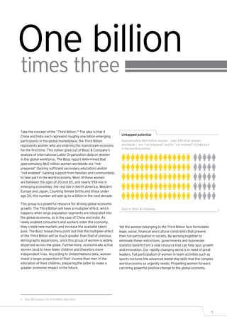 One billion
times three

Take the concept of the “Third Billion.”6 The idea is that if
China and India each represent roughly one billion emerging         Untapped potential
participants in the global marketplace, the Third Billion           Approximately 860 million women — over 25% of all women
represents women who are entering the mainstream economy            worldwide — are “not prepared” and/or “not enabled” to take part
                                                                    in the world economy.
for the first time. This notion grew out of Booz & Company’s
analysis of International Labor Organization data on women
in the global workforce. The Booz report determined that
approximately 860 million women worldwide are “not
prepared” (lacking sufficient secondary education) and/or
“not enabled” (lacking support from families and communities)
to take part in the world economy. Most of these women
are between the ages of 20 and 65, and nearly 95% live in
emerging economies; the rest live in North America, Western
Europe and Japan. Counting female births and those under
age 20, this number will add up to a billion in the next decade.

This group is a powerful resource for driving global economic
growth. The Third Billion will have a multiplier effect, which      Source: Booz & Company.
happens when large population segments are integrated into
the global economy, as in the case of China and India. As
newly enabled consumers and workers enter the economy,
they create new markets and increase the available talent          Yet the women belonging to the Third Billion face formidable
pool. The Booz researchers point out that the multiplier effect    legal, social, financial and cultural constraints that prevent
of the Third Billion will be much greater than that of previous    their full participation in society. By working together to
demographic expansions, since this group of women is widely        eliminate these restrictions, governments and businesses
dispersed across the globe. Furthermore, economically active       stand to benefit from a vital resource that can help spur growth
women tend to have fewer children and therefore more               and innovation. Our rapidly changing world is in need of great
independent lives. According to United Nations data, women         leaders. Full participation of women in team activities such as
invest a larger proportion of their income than men in the         sports nurtures the advanced leadership skills that the complex
education of their children, preparing the latter to make a        world economy so urgently needs. Propelling women forward
greater economic impact in the future.                             can bring powerful positive change to the global economy.




6	 Booz & Company, The Third Billion, May 2010.




                                                                                                                                       5
 