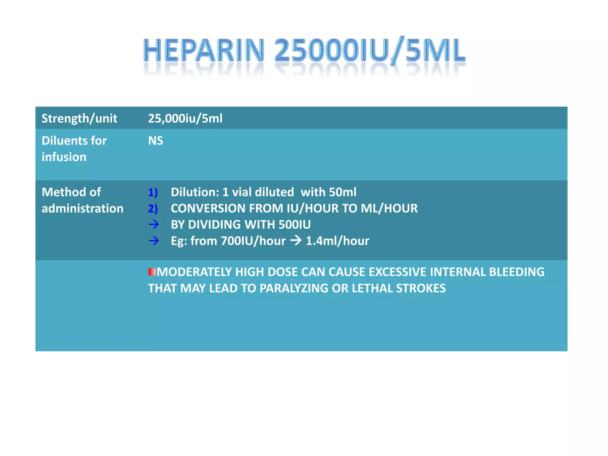 Strength/unit 25,000iu/5ml
Diluents for
infusion
NS
Method of
administration
1) Dilution: 1 vial diluted with 50ml
2) CONVERSION FROM IU/HOUR TO ML/HOUR
 BY DIVIDING WITH 500IU
 Eg: from 700IU/hour  1.4ml/hour
MODERATELY HIGH DOSE CAN CAUSE EXCESSIVE INTERNAL BLEEDING
THAT MAY LEAD TO PARALYZING OR LETHAL STROKES
 