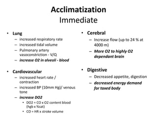 Acclimatization
                            Immediate
• Lung                                   • Cerebral
   – increased respiratory rate             – Increase flow (up to 24 % at
   – increased tidal volume                   4000 m)
   – Pulmonary artery                       – More O2 to highly O2
     vasoconstriction - V/Q                   dependant brain
   – increase O2 in alveoli - blood

• Cardiovascular                         • Digestive
   – increased heart rate /                 – Decreased appetite, digestion
     contraction                            – decreased energy demand
   – increased BP (10mm Hg)/ venous           for taxed body
     tone
   – increase DO2
         • DO2 = CO x O2 content blood
           (hgb x %sat)
         • CO = HR x stroke volume
 