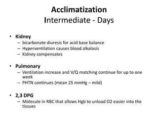 Acclimatization
               Intermediate - Days
• Kidney
  – bicarbonate diuresis for acid base balance
  – Hyperventilation causes blood alkalosis
  – Kidney compensates

• Pulmonary
  – Ventilation increase and V/Q matching continue for up to one
    week
  – PHTN continues (mean 25 mmHg – mild)

• 2,3 DPG
  – Molecule in RBC that allows Hgb to unload O2 easier into the
    tissues
 