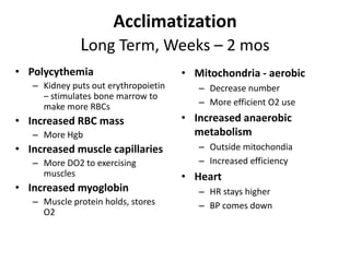 Acclimatization
              Long Term, Weeks – 2 mos
• Polycythemia                        • Mitochondria - aerobic
   – Kidney puts out erythropoietin      – Decrease number
     – stimulates bone marrow to
     make more RBCs                      – More efficient O2 use
• Increased RBC mass                  • Increased anaerobic
   – More Hgb                           metabolism
• Increased muscle capillaries           – Outside mitochondia
   – More DO2 to exercising              – Increased efficiency
     muscles                          • Heart
• Increased myoglobin                    – HR stays higher
   – Muscle protein holds, stores        – BP comes down
     O2
 