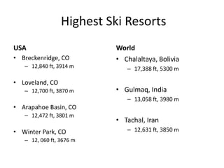 Highest Ski Resorts
USA                       World
• Breckenridge, CO        • Chalaltaya, Bolivia
   – 12,840 ft, 3914 m       – 17,388 ft, 5300 m

• Loveland, CO
   – 12,700 ft, 3870 m    • Gulmaq, India
                             – 13,058 ft, 3980 m
• Arapahoe Basin, CO
   – 12,472 ft, 3801 m
                          • Tachal, Iran
• Winter Park, CO            – 12,631 ft, 3850 m
   – 12, 060 ft, 3676 m
 