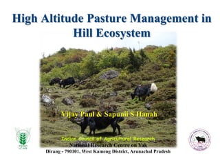 High Altitude Pasture Management in
Hill Ecosystem
Vijay Paul & Sapunii S Hanah
Indian Council of Agricultural Research
National Research Centre on Yak
Dirang - 790101, West Kameng District, Arunachal Pradesh
 
