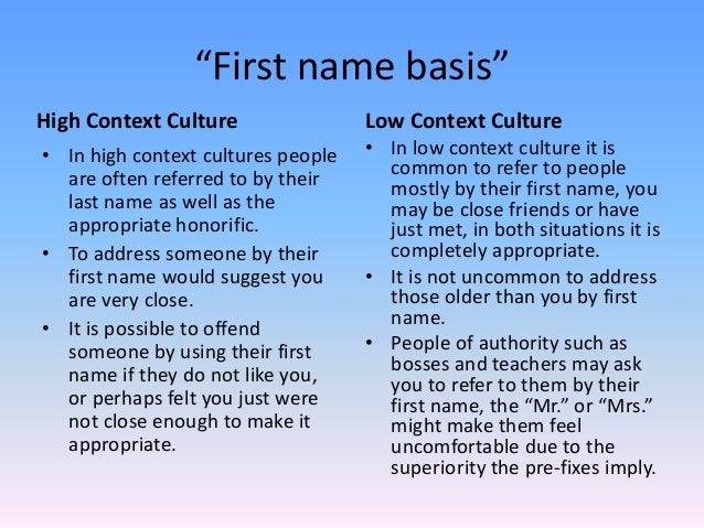 High and low context cultures relationships in each