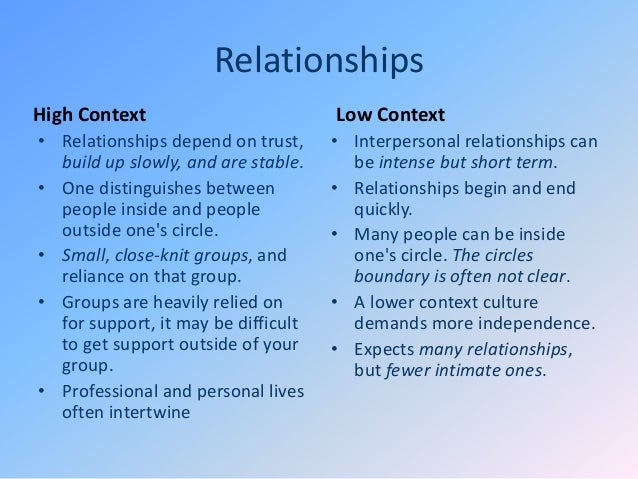 High and low context cultures relationships in each