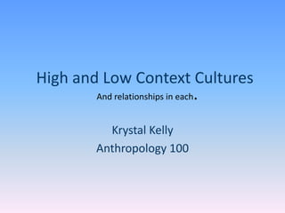 High and Low Context Cultures
Krystal Kelly
Anthropology 100
And relationships in each.
 