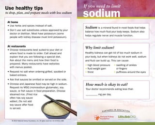 If you need to limit
sodium
Sodium is a mineral found in most foods that helps
balance how much fluid your body keeps. Sodium also
helps regulate nerve and muscle function.
to shop, plan, and prepare meals with less sodium
Use substitutes
for high-sodium foods
Use healthy tipsRead food labels
to find the best choice for your diet
At home
• Use herbs and spices instead of salt.
• Don’t use salt substitutes unless approved by your
doctor or dietitian. Most have potassium (some
people with kidney disease must limit potassium).
At restaurants
• Choose restaurants best suited to your diet or
where food is made to order. Call ahead and
explain that you are following a special diet.
Ask about the menu and how their food is
prepared. Many restaurants have websites
with menus posted.
• Request no salt when ordering grilled, sautéed or
baked entrees.
• Ask that sauces be omitted or served on the side.
• Chinese and Japanese food may be high in sodium.
Request no MSG (monosodium glutamate), soy
sauce, or fish sauce in food preparation. Choose
steamed rice. (Fried rice
often has soy sauce
added.) Do not add
soy sauce after food
is served.
Instead of: Try:
Salt and salt seasoning:
• Table salt
• Seasoning salt
• Garlic salt
• Onion salt
• Celery salt
• Lemon pepper
• Lite salt
• Meat tenderizer
• Bouillon cubes
• Flavor enhancers
• Fresh garlic
• Fresh onion
• Garlic powder
• Onion powder
• Black pepper
• Lemon juice
• Low-sodium/salt-free
seasoning blends
• Vinegar, regular
and flavored
High-sodium sauces such as:
• Barbecue sauce
• Steak sauce
• Soy sauce
• Teryiaki sauce
• Oyster sauce
• Homemade or low-sodium
sauces and salad dressings
• Vinegar
• Dry mustard
Cured foods such as:
• Ham
• Salt pork
• Bacon
• Sauerkraut
• Pickles, pickle relish
• Lox and herring
• Olives
• Fresh beef, veal,
pork, poultry
• Fish
• Eggs
Canned:
• Soups
• Juices
• Vegetables
• Homemade or
low-sodium soups
• Canned food without
added salt
% Daily value is based
on a 2,000 calorie daily
diet. This number helps
you know if a food is high
or low in a nutrient, even
if you eat more than
2,000 calories.
• 1 g of sodium = 1000
milligrams (mg)
• 1 tsp of salt = 2,300
milligrams of sodium
Ingredients are listed in order of weight, with the
item of the most weight listed first.
Servings per container
lists how many portions
per container.
Serving size tells you what a single portion is.
Not a good choice if:
• There is greater than 8% of the daily value of
sodium per serving.
• Salt is listed in the first five ingredients.
© 2010 National Kidney Foundation, Inc. All rights reserved. 02-10-0412_ABA
Why limit sodium?
Healthy kidneys can get rid of too much sodium in
your body, but when kidneys do not work well, sodium
and fluid can build up. This can cause:
• high blood pressure
• fluid weight gain
• thirst
• swelling of ankles
or fingers
• puffiness around the eyes
How much is okay to eat?
Your doctor recommends eating less than
_________ mg per day.
www.litholink.comwww.kidney.org
 