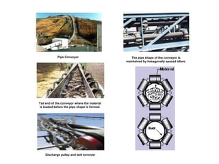 Pipe Conveyor
Tail end of the conveyor where the material
is loaded before the pipe shape is formed.
The pipe shape of the conveyor is
maintained by hexagonally spaced idlers.
Discharge pulley and belt turnover
 