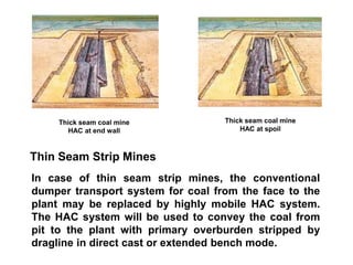 Thick seam coal mine
HAC at end wall
Thick seam coal mine
HAC at spoil
In case of thin seam strip mines, the conventional
dumper transport system for coal from the face to the
plant may be replaced by highly mobile HAC system.
The HAC system will be used to convey the coal from
pit to the plant with primary overburden stripped by
dragline in direct cast or extended bench mode.
Thin Seam Strip Mines
 